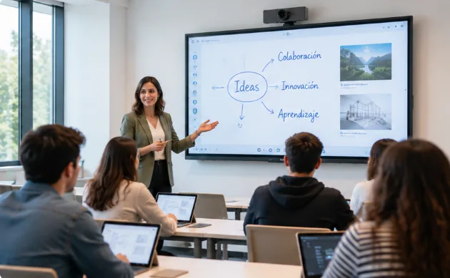 Formadora presentando en una pantalla interactiva ante un grupo de alumnos.