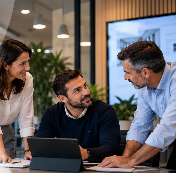 Equipo de Grupo SNB trabajando con un cliente alrededor de una tableta.