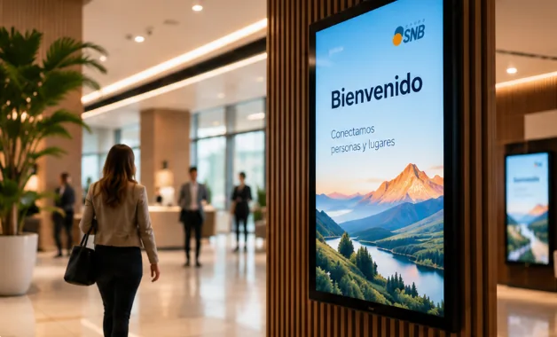 Tótem de cartelería digital con un mensaje de bienvenida en el vestíbulo de un edificio.
