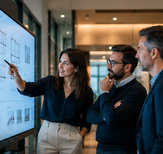 Tres profesionales de Grupo SNB revisando un proyecto en una pantalla interactiva.