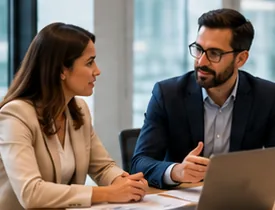 Reunión inicial entre una consultora y un cliente.