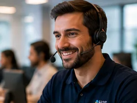 Técnico de soporte de Grupo SNB atendiendo con auriculares.