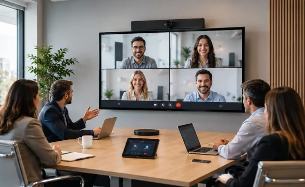 Sala de reuniones con videoconferencia en una pantalla de gran formato y cuatro participantes remotos.