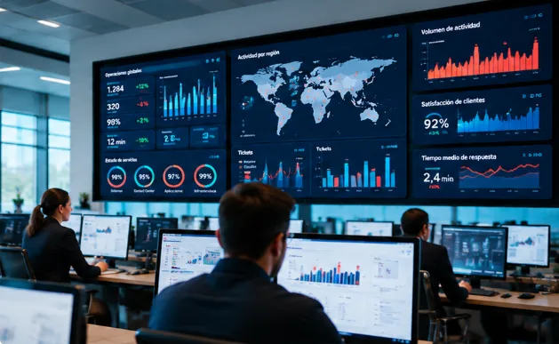 Centro de operaciones con un videowall de indicadores y un mapa de actividad.